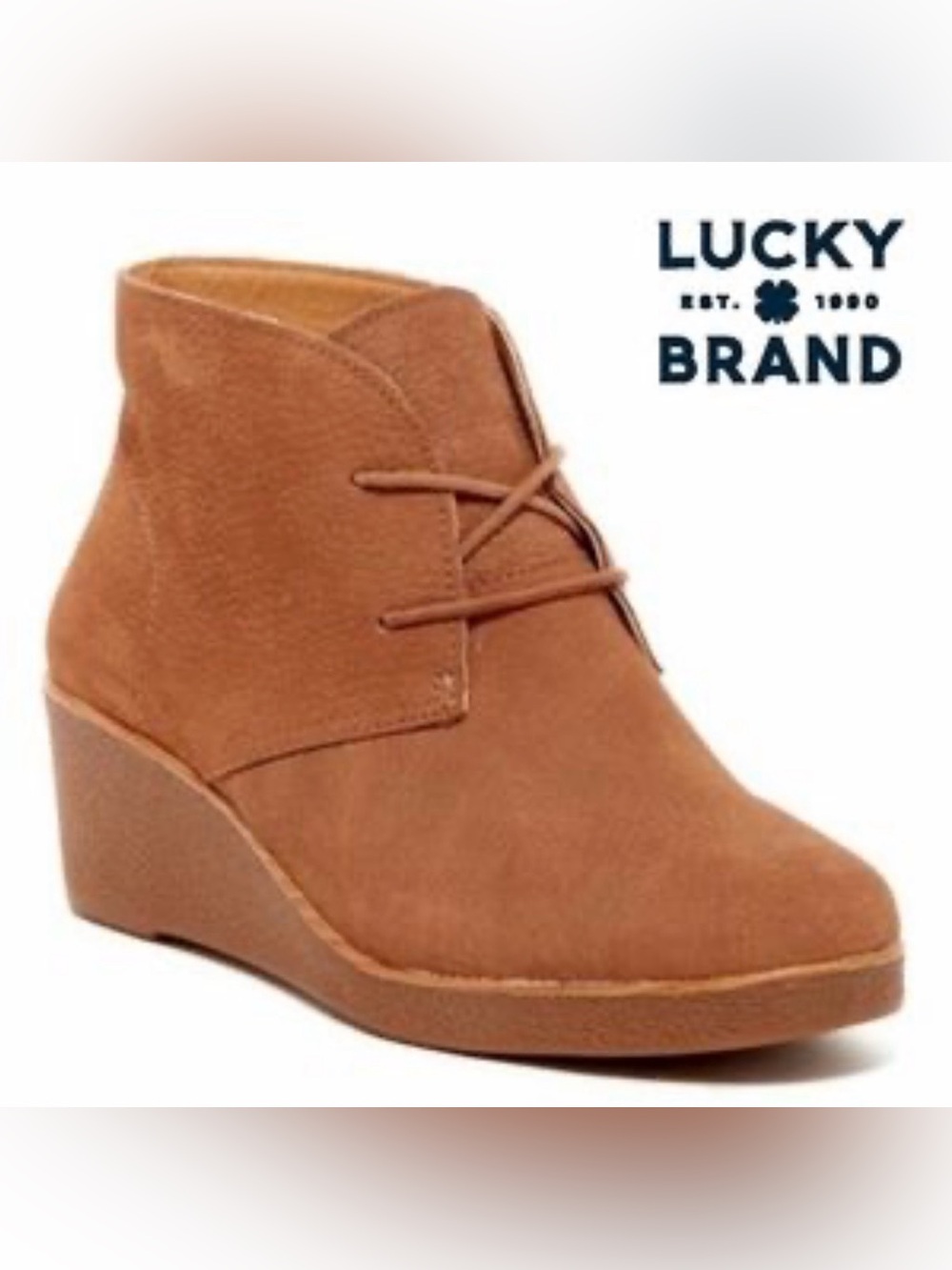 Lucky Brand Junes Golden Nubuck Leather Lace Wedge Heel Ankle Boots Booties